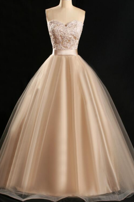 Elegant Tulle And Lace Ball Gown, Sweetheart Party Dresses, Champagne Long Prom Dress