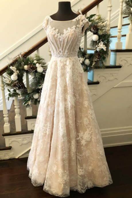 Elegant A-line Bateau Cap Sleeveless Lace Long Prom Dress With Beading