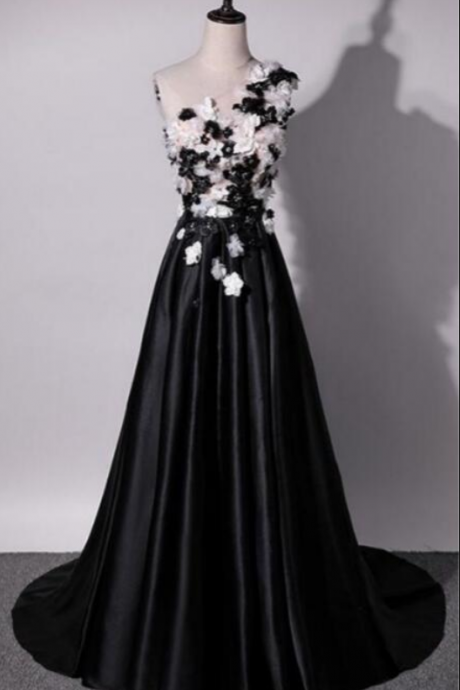 Black One Shoulder Stain Floral Formal Dress, Black Party Dress, Formal Gowns