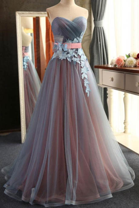 Beautiful Sweetheart Tulle Long Junior Prom Dress With Flowers Belt, Charming Party Dress, Long Evening Gowns