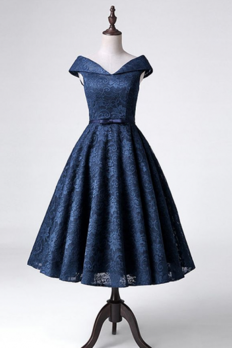 Navy Blue Off The Shoulder Lace Cocktail Dress,homecoming Dress