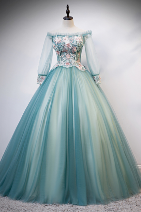 Pretty Green Tulle Long Dress, Green A Line Customize Strapless Evening Gown With Sleeves