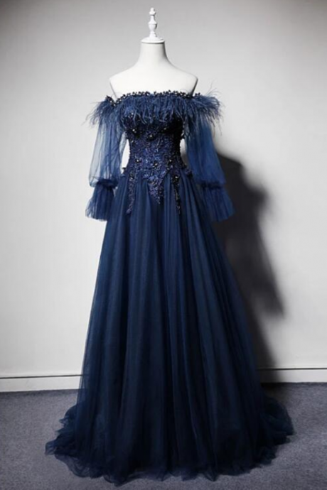 Dark Blue Off Shoulder Tulle Long Prom Dress, Blue Evening Dress