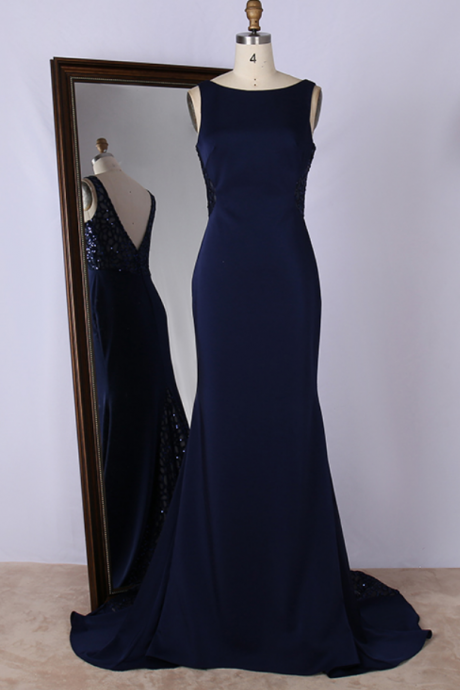 Prom Dresses Simple Design Scoop Neckline Sequined Backless Long Elegant Women Evening Dresses