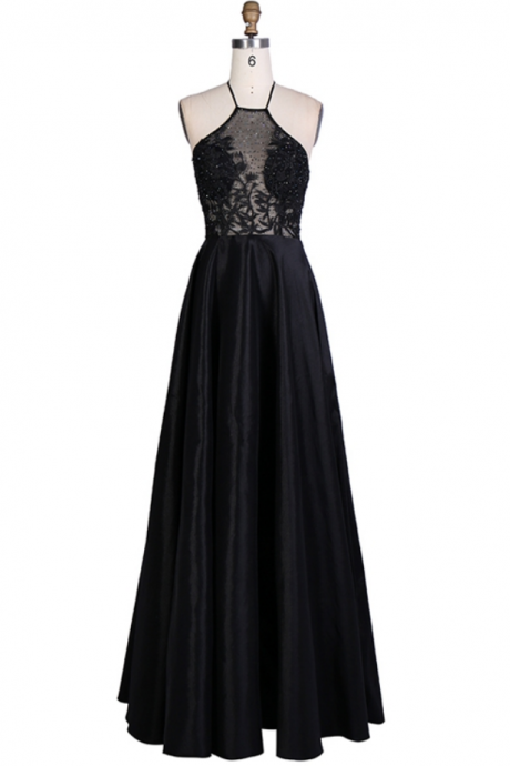 Prom Dresses Beaded Backless Halter Appliques Sexy Long Translucent Black Evening Dress