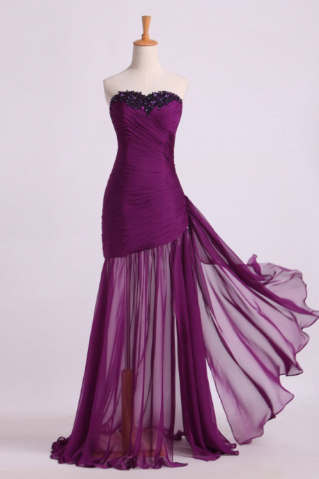 Prom Dresses Ruffled Bodice Sheath/column With Beads&applique Floor Length