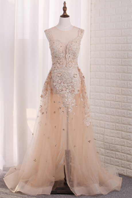 Sexy See-through Sheath Scoop Prom Dresses Tulle With Applique And Slit