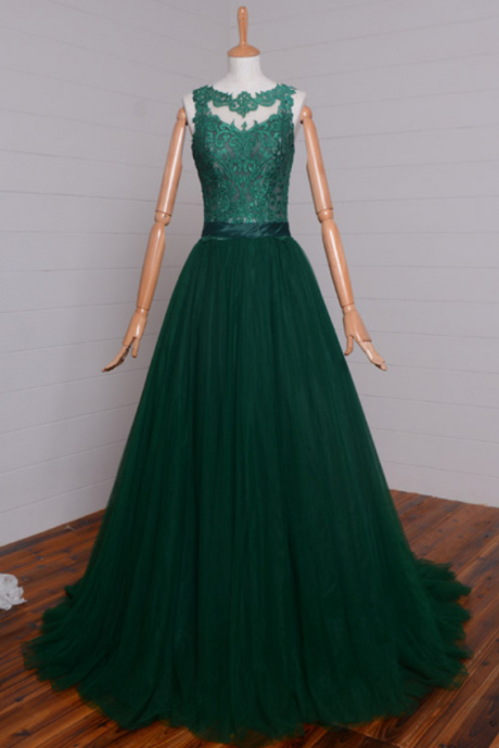 Dark Green Tulle A-line Formal Long Prom Dresses,