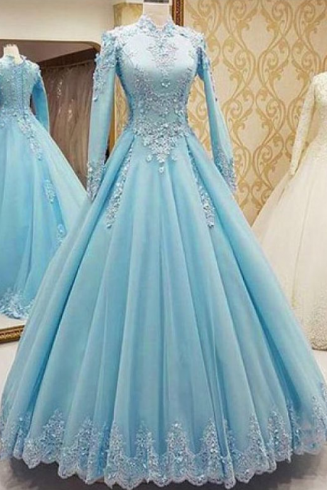 Elegant Tulle High Collar Floor-length A-line Prom Dresses With Lace Appliques