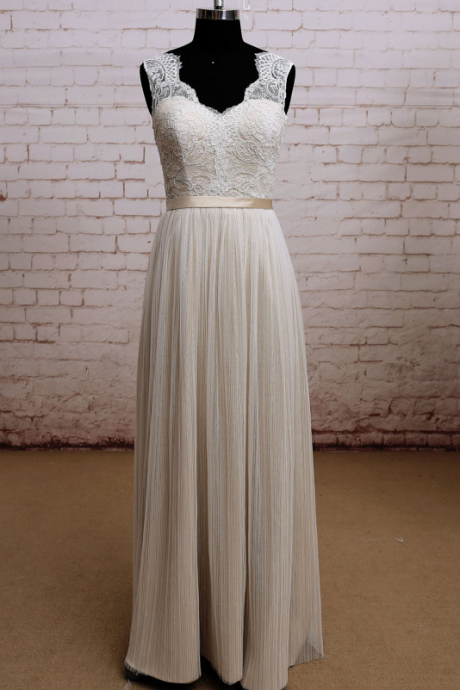 Champagne A-line Floor-length Wedding Dress With Sheer Pleated Overlay And Lace Bodice