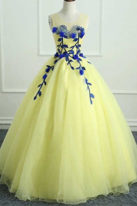Prom Dresses Tulle Long Flower Applique Evening Dress, Sweet 16 Prom Dress 