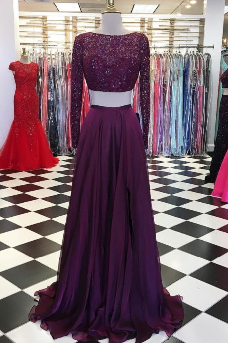 Two Piece Long Sleeves Prom Dress, Burgundy Long Prom Dress