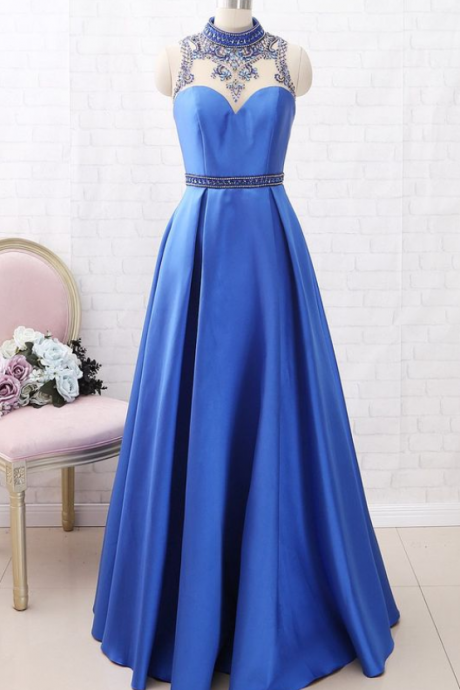 High Neck With Beaded Satin Maxi Prom Dress Royal Blue Formal Evening Gown With Pocket