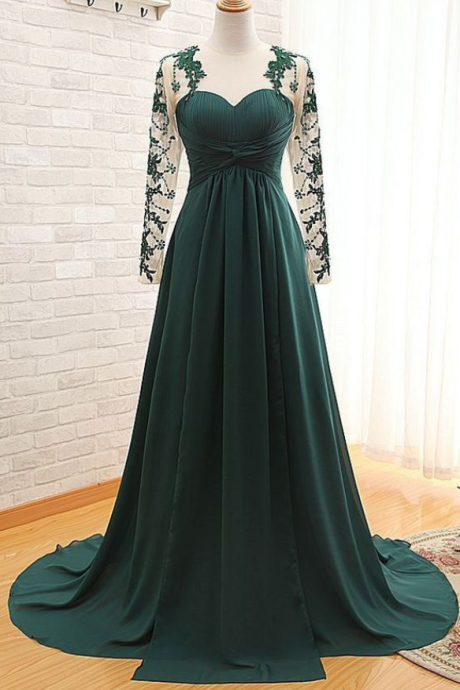 Elegant Long Sleeve Green Chiffon Long Appliqued Prom Dresses Open Back Party Dresses