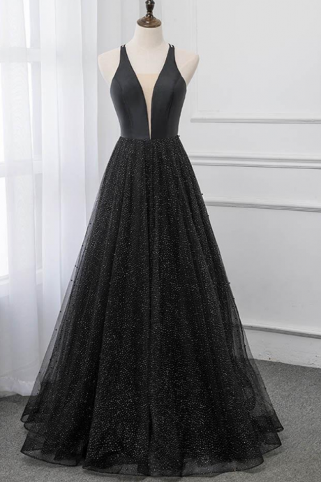 Prom Dresses Sexy Black Deep V Neck Long Prom Dresses Backless Tulle Formal Party Dress