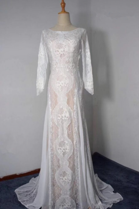Long Sleeves Lace Wedding Dress, Unique Boho Beach Wedding Dresses, Bridal Gowns