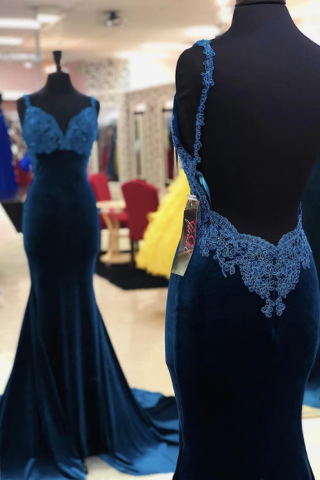 Sexy Mermaid Spaghetti Straps Navy Blue Long Prom/evening Dress Appliques
