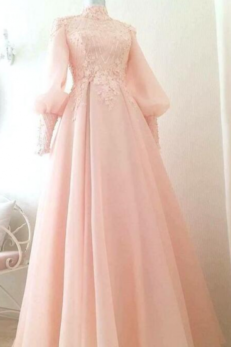 Pink Long Sleeve Prom Gown ,prom Dress