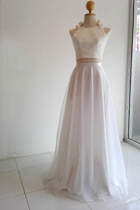 White Two Pieces Long Prom Dress, Evening Dress