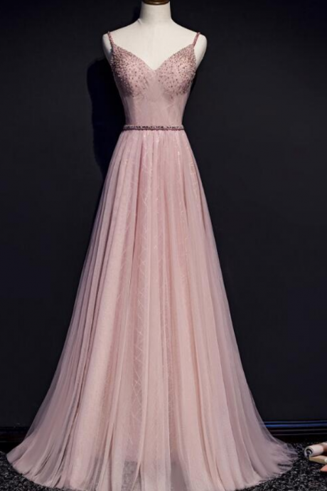Prom Dresses V-neckline Beaded Tulle Prom Dress, Party Gown