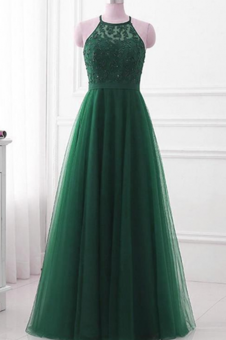 Prom Dresses Tulle Halter Long Party Dress, A-line Junior Prom Dress