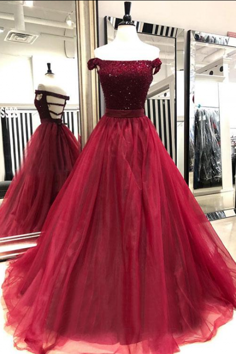 Burgundy Off Shoulder Beaded Tulle Prom Dress,2019 Burgundy Evening Dresses