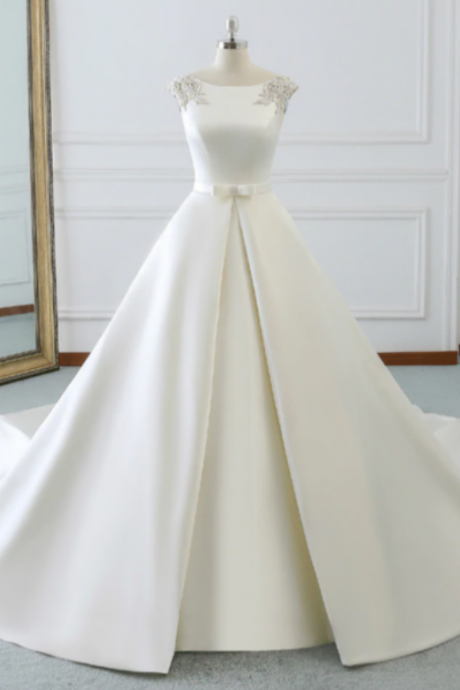 White Satin Cap Sleeve Backless Wedding Dress With Pearls