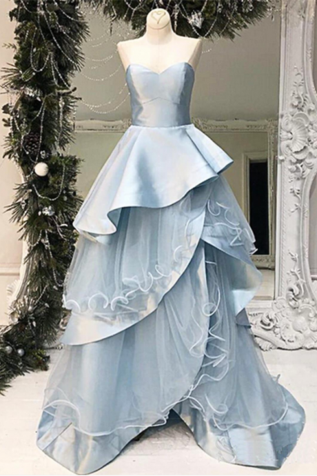 Sweetheart Neck Baby Blue Layered Long A Line Evening Dress, Senior Prom Dress