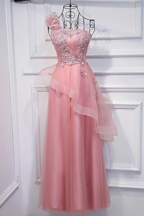 Super Cute Pink ,one Shoulder Prom Dress, Long Dress With Applique Lace , Fashion ,custom Made