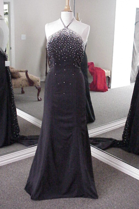 Backless Halter Black Prom Dress With Beads,sexy Sweep Train Back Less Evening Dress