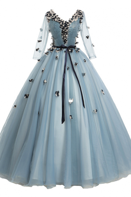 Long Sleeve Evening Dress,smoke Blue Prom Dress,ball Gown Formal Dress,applique,custom Made