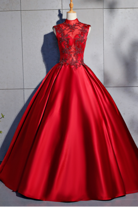 Red Satin High Neck Beaded Formal Prom Dress, Halter Evening Dress