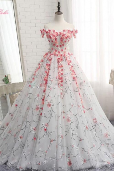 White Tulle 3d Applique Long Prom Dress, White Tulle Evening Dress