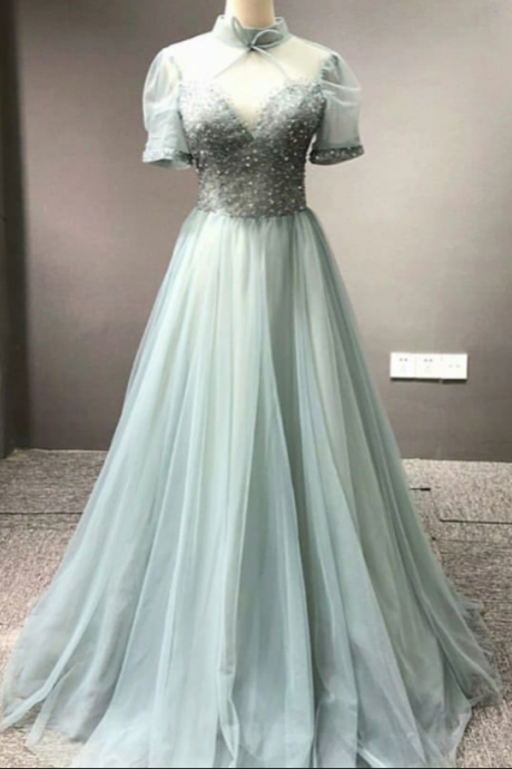 Green Prom Dresses Long Vintage High Neck Short Sleeve Beaded Chiffon A Line Prom Gown