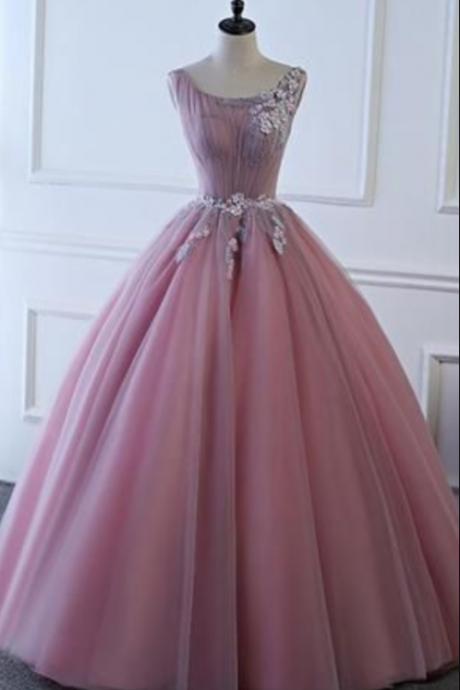 Elegant Pink round neck tulle long prom dress, charming custom made evening dresses