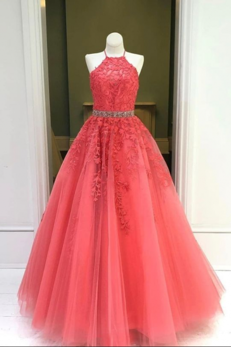 Halter Coral Prom Dresses 2021 Beaded Tulle Elegant Lace Applique Long Prom Gowns 2022 Vestido De Festa De Longo
