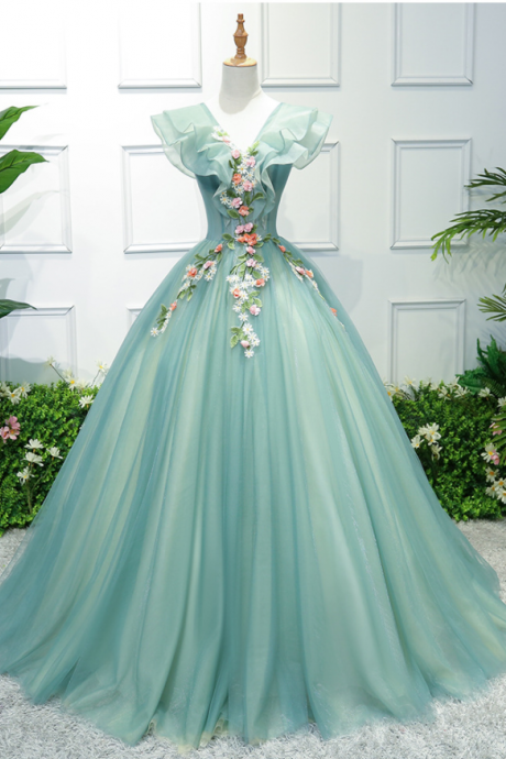 V Neck Prom Dress, Green Prom Dresses, Tulle Prom Dress, Embroidery Applique Prom Dress, Prom Gown, Prom Dresses 2021, 2022 Prom Dresses,