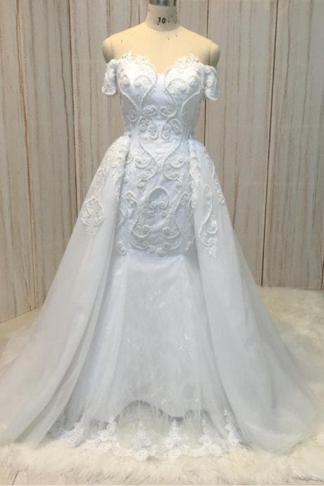 detachable skirt wedding dresses boho lace applique beaded white elegant tulle wedding gown robe de mariage
