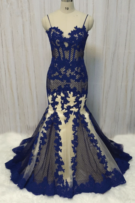 Spaghetti Strap Royal Blue Evening Dresses Long Lace Applique Tulle Mermaid Modest Elegant Formal Evening Gowns Vestidos De Fiesta