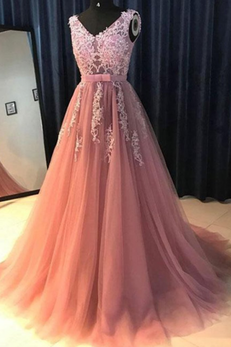Dusty Pink Lace Applique Prom Dresses Long V Neck Beaded Sleeveless Elegant A Line Prom Gown Robe De Soiree