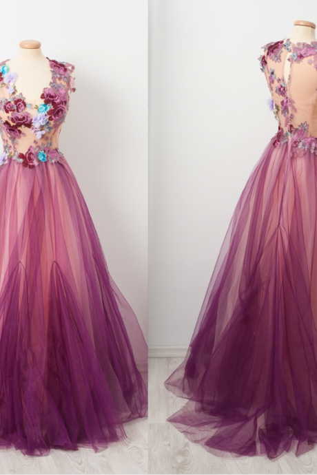 Flowers Embrodiery Applique Prom Dresses 2021 Purple A Line Tulle Elegant Cap Sleeve Long Prom Gowns