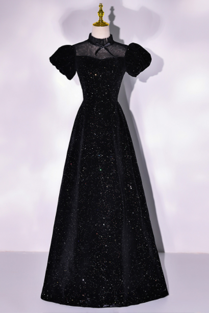 Black velvet bubble sleeve evening dress long skirt is thin, elegant, slim and high-grade texture