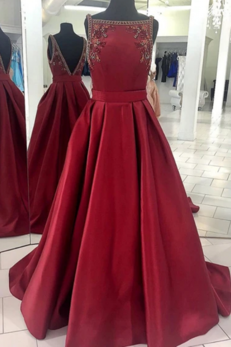Prom Dresses Satin Long A Line Beaded Prom Dress, Party Dress