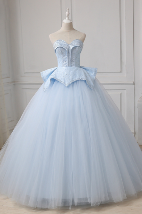 Blue Tulle Lace Up Sweetheart Ball Gown Beading Wedding Dress