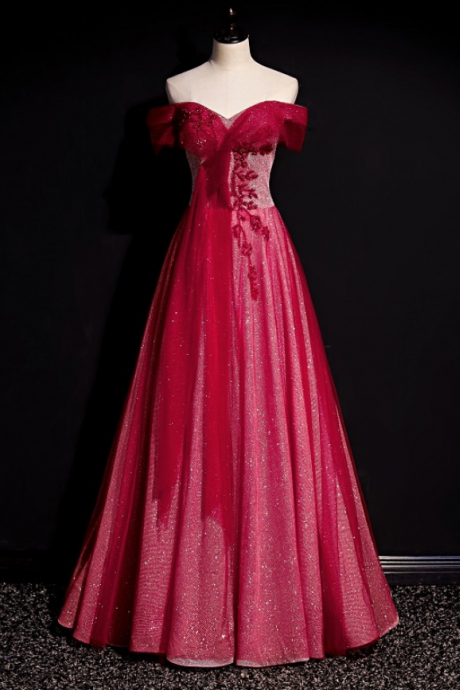 New high-end evening dress, feminine temperament, thin, straight shoulder, red wedding girl