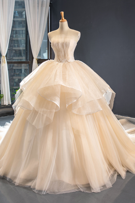 2022 sweet new Strapless light champagne Korean slim bride's tail fluffy skirt