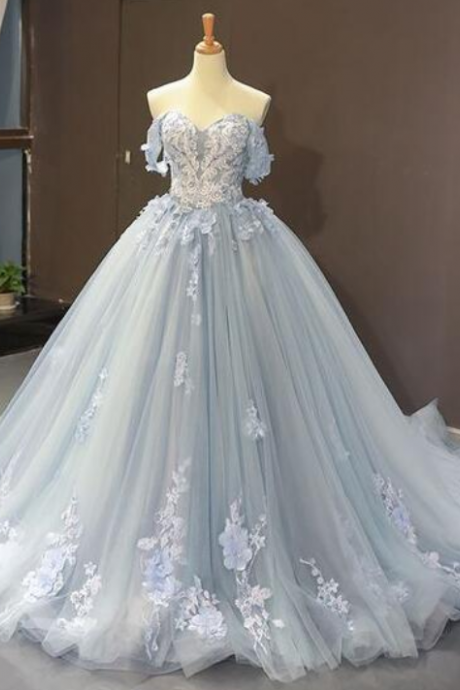 Off the Shoulder Light Blue Long Prom Dress with Appliques