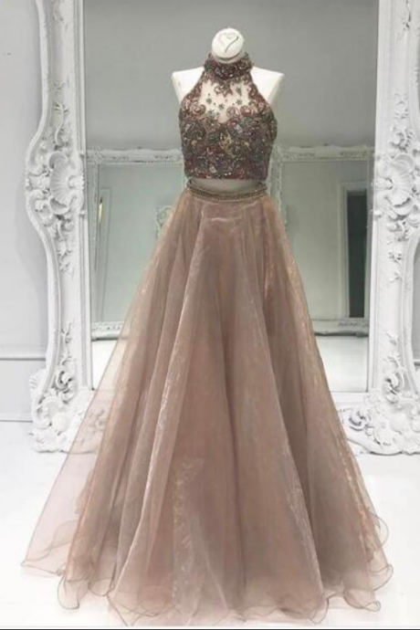 Two Pieces Prom Dress, Sexy Prom Dresses, Chocolate Evening Dress,beads Bodice Tulle Long Prom Dresses Formal Dress