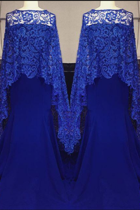 Eleagant Blue Lace Evening Dresses Mermaid Strapless Neckline Prom Dress Sweep Train Arabic Party Evening Gowns With Cape
