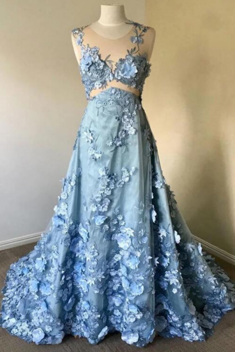 Blue Round Neck Lace Long Prom Dress, Blue Lace Evening Dress